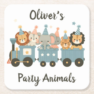 Cute Party Animals on Train Personalized Square Paper Coaster