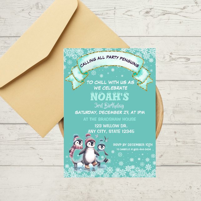 Cute Party Birthday Boy snowflakes Penguins  Invitation (Creator Uploaded)