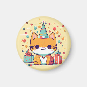 Cute party cat birthday magnet, card, greeting magnet