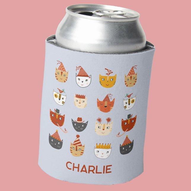 Cute Party Cat Personalized Name Can Cooler (Fun party kitty cats personalized custom name can cooler)