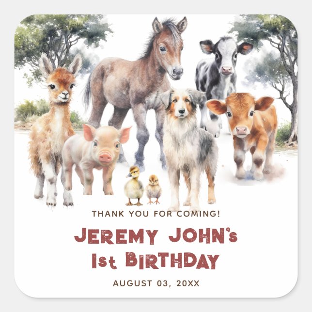 Cute Party Farm Animals Thank You For Coming Square Sticker (Front)