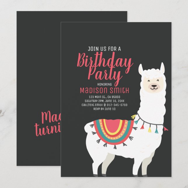 Cute Party Llama and Balloon Birthday Invitation (Front/Back)