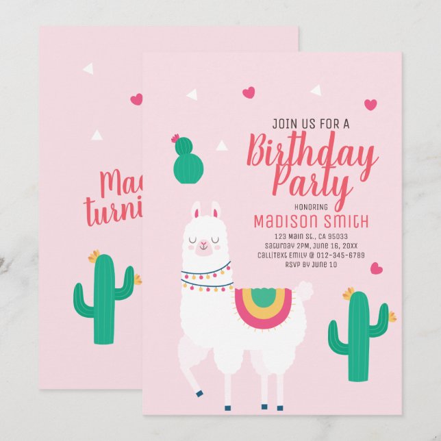 Cute Party Llama Birthday Invitation (Front/Back)
