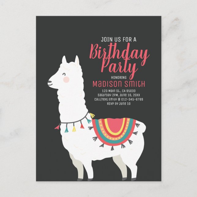 Cute Party Llama et Balloon Invitation Anniversair (Devant)