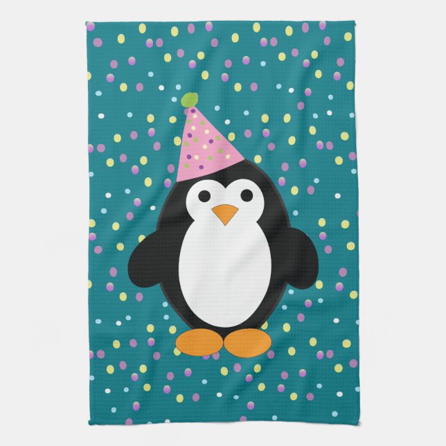 Cute Party Penguin with confetti pattern Kitchen Towel (Vertical)