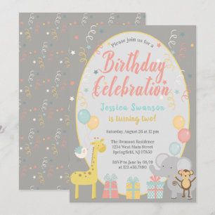 Cute Party Zoo Animals Birthday Celebration Pink Invitation