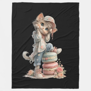 Cute Pastel Adorable Cat & Macaron Sweets Cozy Fleece Blanket