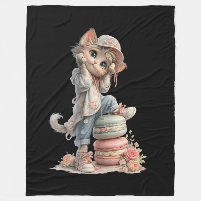 Cute Pastel Adorable Cat & Macaron Sweets Cozy  Fleece Blanket (Front)