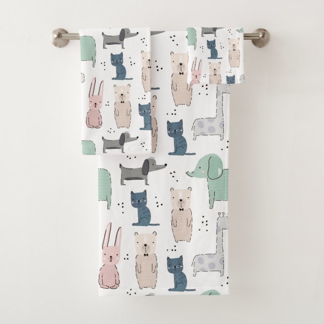 Cute Pastel Baby Animal Pattern Bath Towel Set (Insitu)