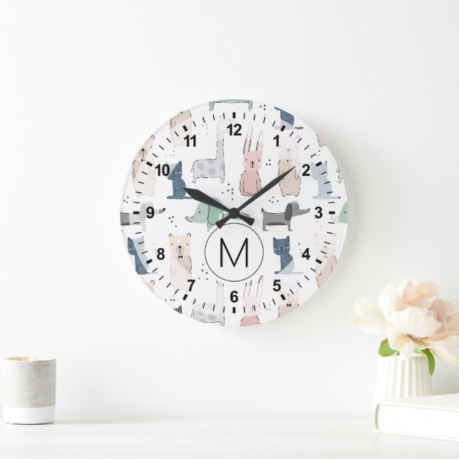 Cute Pastel Baby Animal Pattern Large Clock (Home)