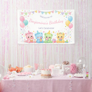 Cute Pastel Baby Bears Birthday Party Girl Banner