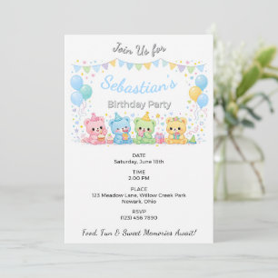 Cute Pastel Baby Bears Blue Birthday Party Invitation