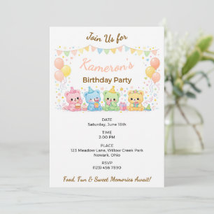 Cute Pastel Baby Bears Neutral Birthday Party Invitation