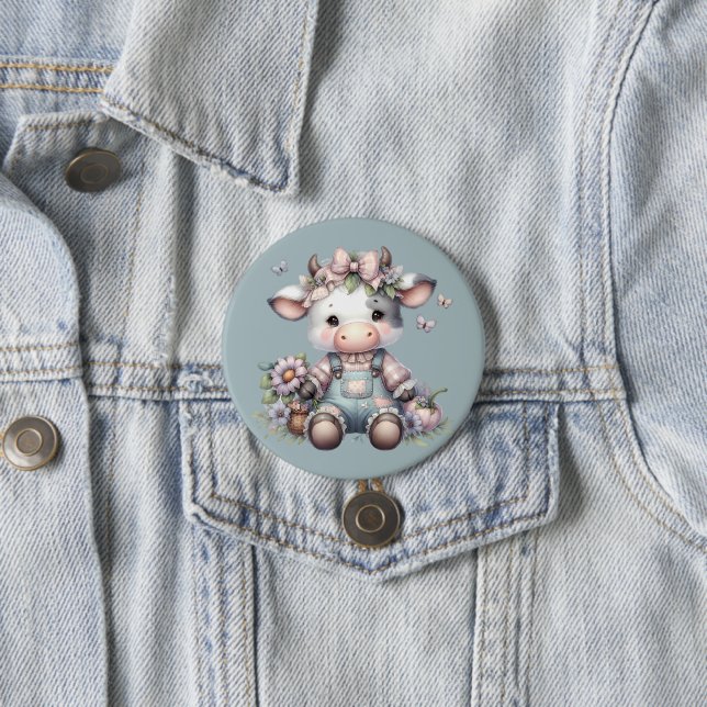 Cute Pastel Baby Cow in Overalls with Flowers 3 Inch Round Button (In Situ)