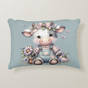 Cute Pastel Baby Cow in Overalls with Flowers Accent Pillow