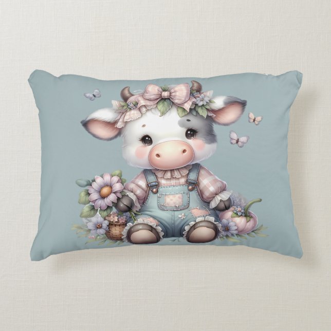 Cute Pastel Baby Cow in Overalls with Flowers Accent Pillow (Front)