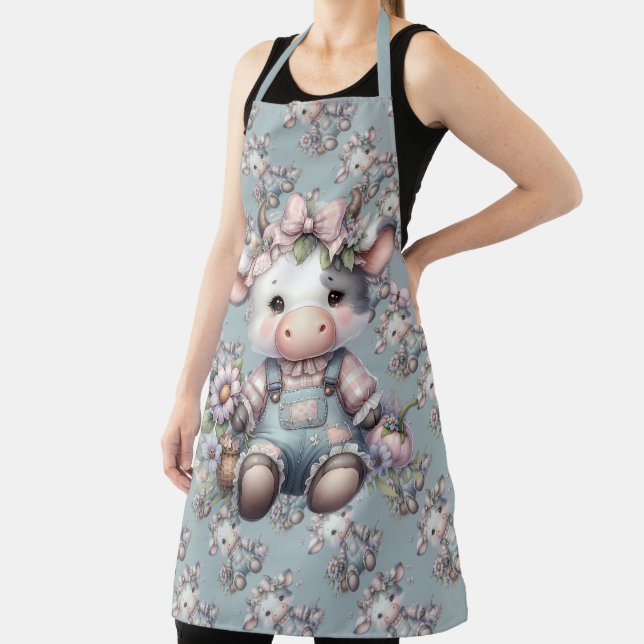 Cute Pastel Baby Cow in Overalls with Flowers Apron (Insitu)