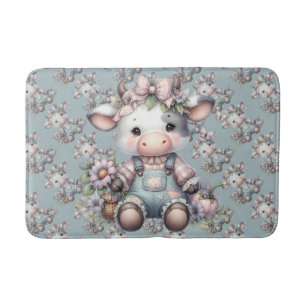 Cute Pastel Baby Cow in Overalls with Flowers Bath Mat