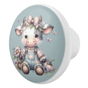 Cute Pastel Baby Cow in Overalls with Flowers Ceramic Knob