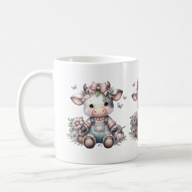 Cute Pastel Baby Cow in Overalls with Flowers Coffee Mug (Left)