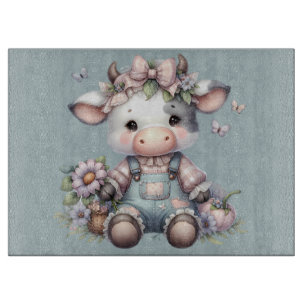 Cute Pastel Baby Cow in Overalls with Flowers Cutting Board