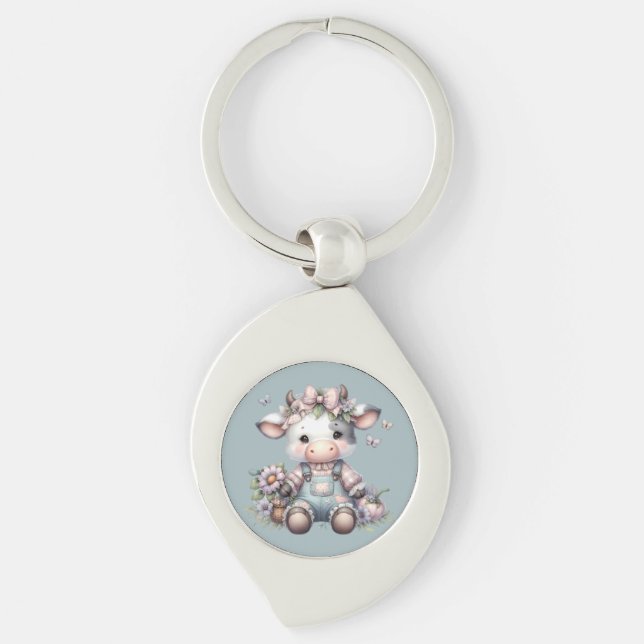 Cute Pastel Baby Cow in Overalls with Flowers Keychain (Front)