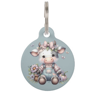 Cute Pastel Baby Cow in Overalls with Flowers Pet Tag