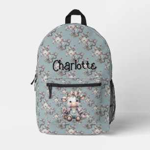 Cute Pastel Baby Cow in Overalls with Flowers Printed Backpack