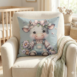 Cute Pastel Baby Cow in Overalls with Flowers Throw Pillow