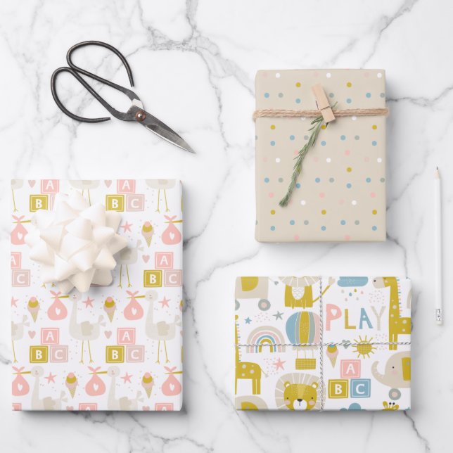 Cute Pastel Baby Girl Pink Elephant Stork Giraffe Wrapping Paper Sheet (Front)