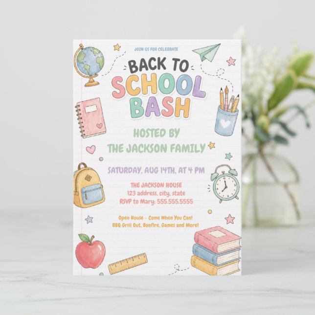 Cute Pastel Back to School Bash Party Invitation (Standing Front)