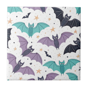 Cute Pastel Bats and Stars on White Halloween Tile