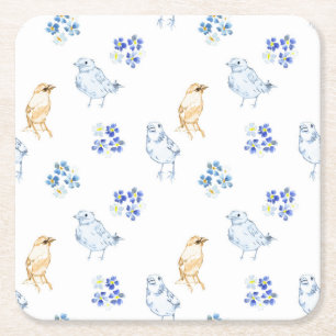 Cute pastel birds and floral seamless pattern square paper coaster