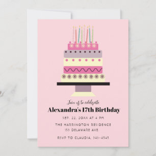 Cute Pastel Birthday Cake Retro Girly Pink  Invitation