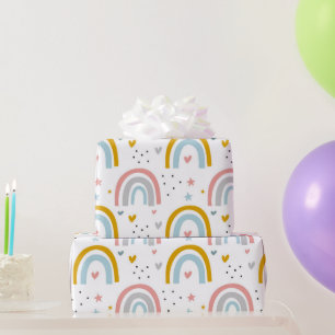 Cute Pastel Blue Blush Teal Boho Rainbow Hearts Wrapping Paper