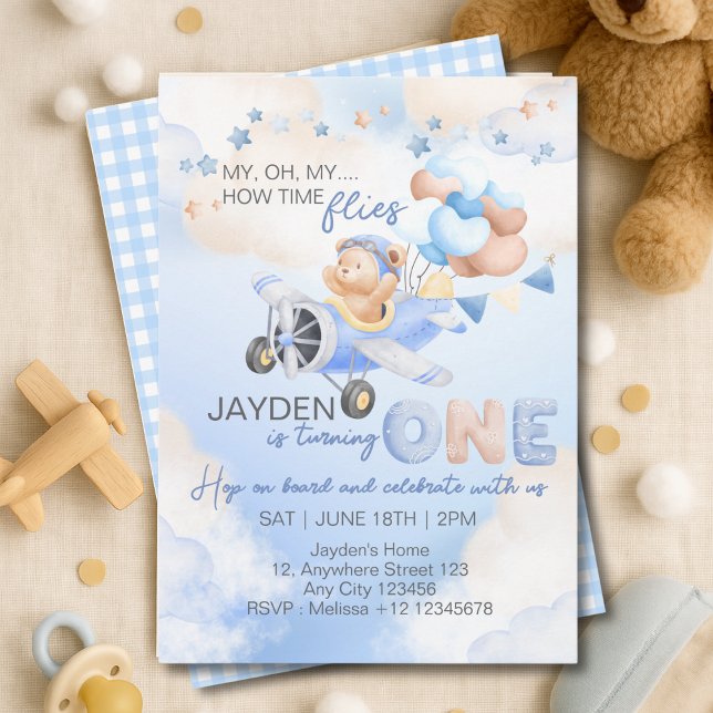 Cute Pastel Blue Brown Baby Bear On Plane  Invitation (Creator Uploaded)