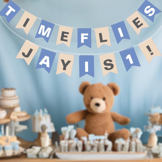 Cute Pastel Blue Brown Turning One With Name  Bunting Flags (Creator Uploaded)