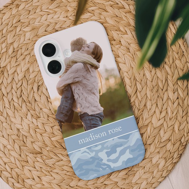 Cute Pastel Blue Camo Personalized Photo Case-Mate iPhone Case (Creator Uploaded)