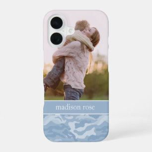 Cute Pastel Blue Camo Personalized Photo iPhone 16 Case