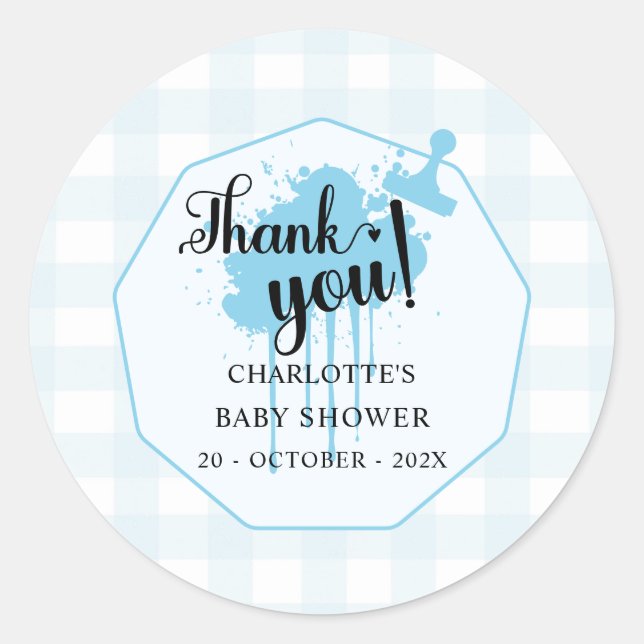 Cute Pastel Blue Gingham Baby Shower Classic Round Sticker (Front)