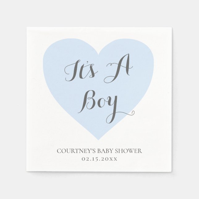 Cute Pastel Blue Heart Its A Boy Baby Shower Napkin (Front)