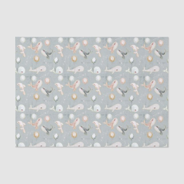 Cute Pastel Blue Pink Grey Whale Dolphin Balloon Tissue Paper (Front)
