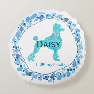 Cute Pastel Blue Poodle Custom Name & Photo Round Pillow