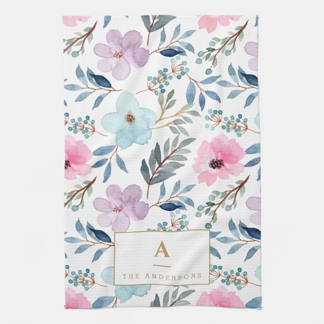 Cute Pastel Blue Watercolor Flowers Monogram  Kitchen Towel (Vertical)
