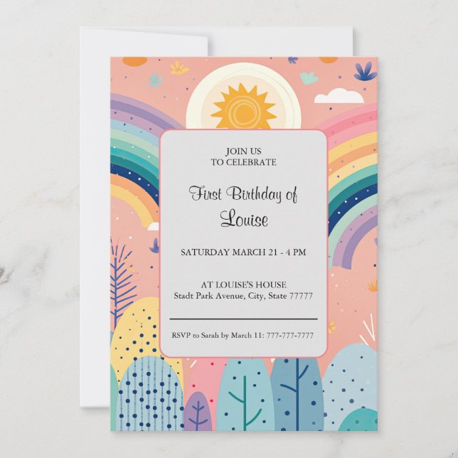 Cute Pastel Boho Rainbow & Sun Above Forest  Invitation (Front)