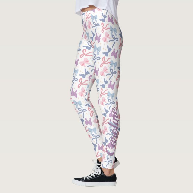 Cute Pastel Bows Pattern, Pink Purple Blue Leggings (Left)