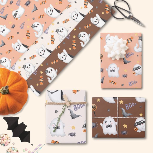 Cute Pastel Brown Boo Ghost Halloween  Wrapping Paper Sheet (Creator Uploaded)