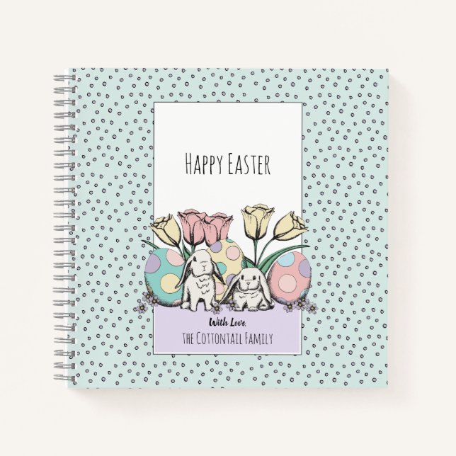 Cute Pastel Bunny Rabbit Happy Easter Custom Name Notebook (Front)