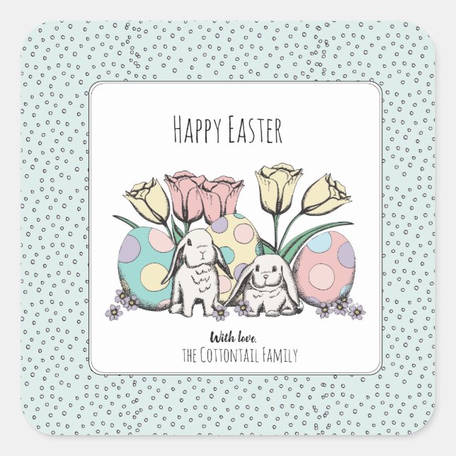 Cute Pastel Bunny Rabbit Happy Easter Family Name Square Sticker (Front)