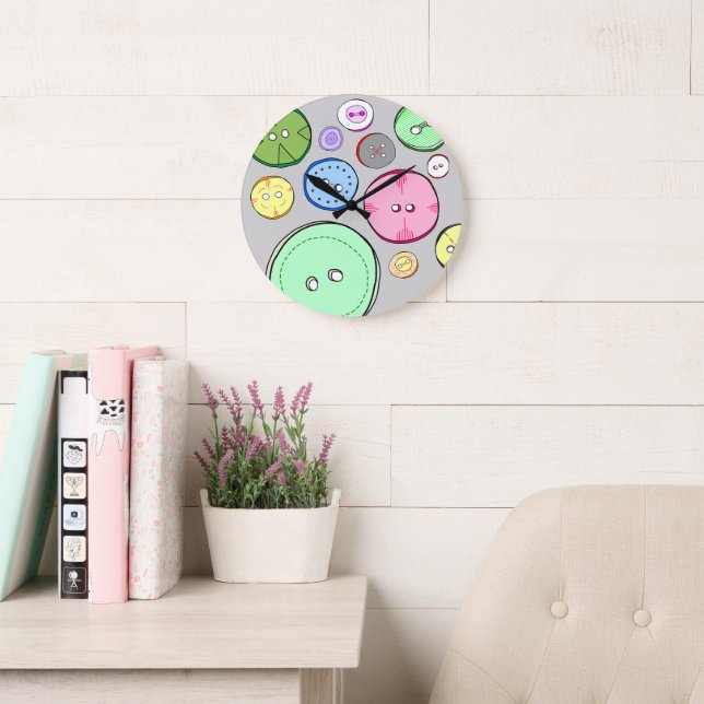 Cute Pastel Buttons Illustration Large Clock (Reading Room)